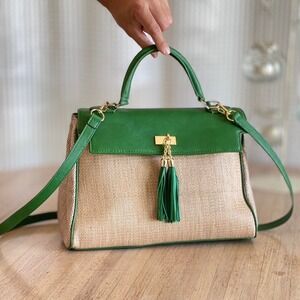 ALDO Green Satchel Crossbody Bag Straw Beige Handbag Purse Tassel